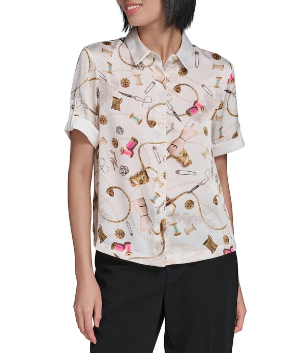 カール ラガーフェルド レディース トップス シャツ クレープ サテン KARLAGERFELD PARISatin Crepe Point Collar Short Sleeve Camp Shirt Soft White Multi ホワイト