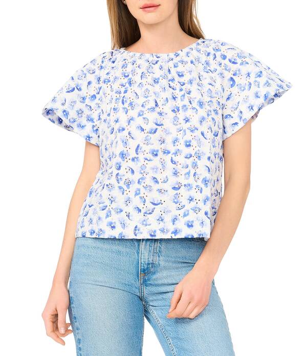 セセ レディース トップス シャツ フラワー柄 プリント フラワー CeCe Woven Floral Print Scoop Neck Short Raglan Sleeve Top Bellflower Blue ブルー