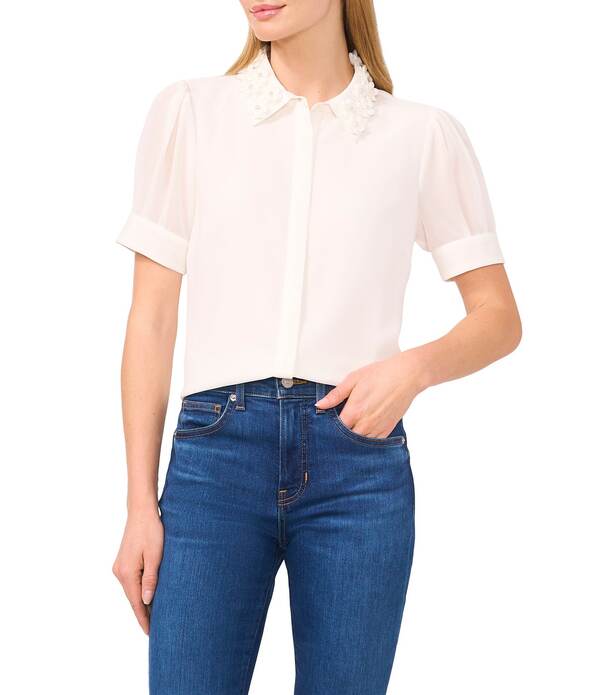 セセ レディース トップス シャツ ボタンダウン ブラウス CeCe Woven Embellished Collar Short Sleeve Button Down Blouse New Ivory アイボリー