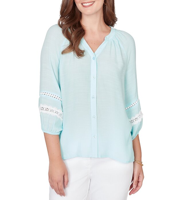 ルビーアールディー レディース トップス シャツ Vネック レーストリム シルク ブラウス レース Ruby Rd. Silky Gauze Woven Split V-Neck 3/4 Sleeve Lace Trim Button-Front Peasant Blousea Glass