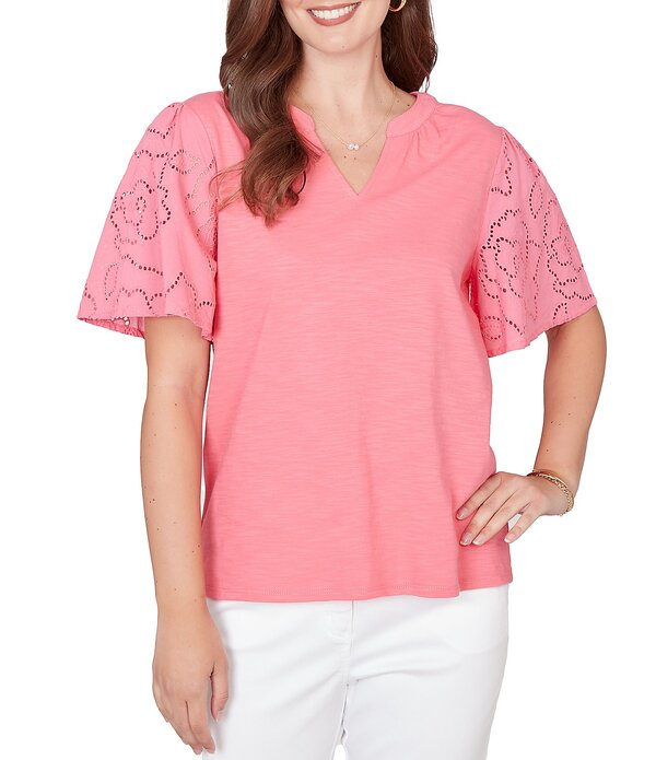 ルビーアールディー レディース トップス シャツ Vネック コットン ニット ジャージー Ruby Rd. Cotton Jersey Knit Split V-Neck Short Eyelet Sleeve Top Cotton Candy