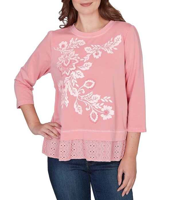 ルビーアールディー レディース トップス シャツ フラワー柄 パイル 刺繍 ニット フラワー Ruby Rd. French Terry Knit Floral Embroidered Eyelet Accents Top Cotton Candy