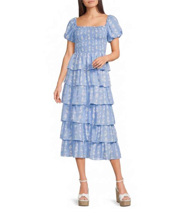 ミッドナイト ドール レディース トップス ワンピース ティアード フラワー柄 フリル ミディ フラワー Midnight Doll Floral Square Neck Short Puff Sleeve Ruffle Tiered Midi Dress Blue/Multi ブルー|ReVida 店