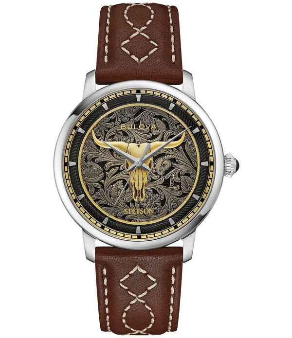 ブロバ レディース 付属物 ウオッチ なめし革 Bulova Men\u0027s Hudson Automatic Stitched Leather Strap Watch Brown 赤銅色