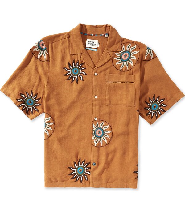 スコッチアンドソーダ メンズ トップス シャツ 刺繍 リネン Scotch \u0026 Soda Embroidered Linen Short Sleeve Woven Camp Shirt Cathay Spice