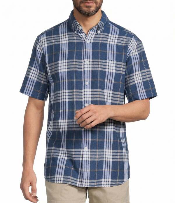 ラウンドトゥリーアンドヨーク メンズ トップス シャツ リネン Roundtree & Yorke Short Sleeve Large Plaid Linen Sport Shirt Dark Blue ブルー｜ReVida 店 9,436円
