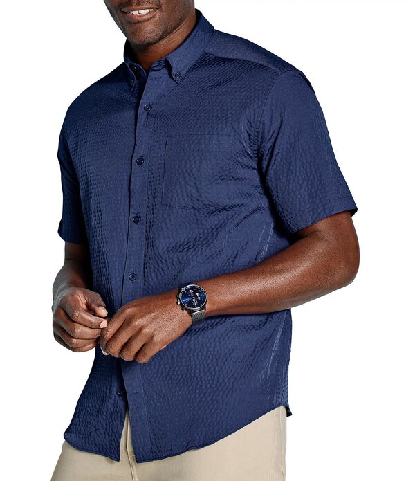 ジョンストンアンドマーフィー メンズ トップス シャツ Johnston & Murphy Leland Seersucker Short Sleeve Woven Shirt Navy Seersucker ネイビー