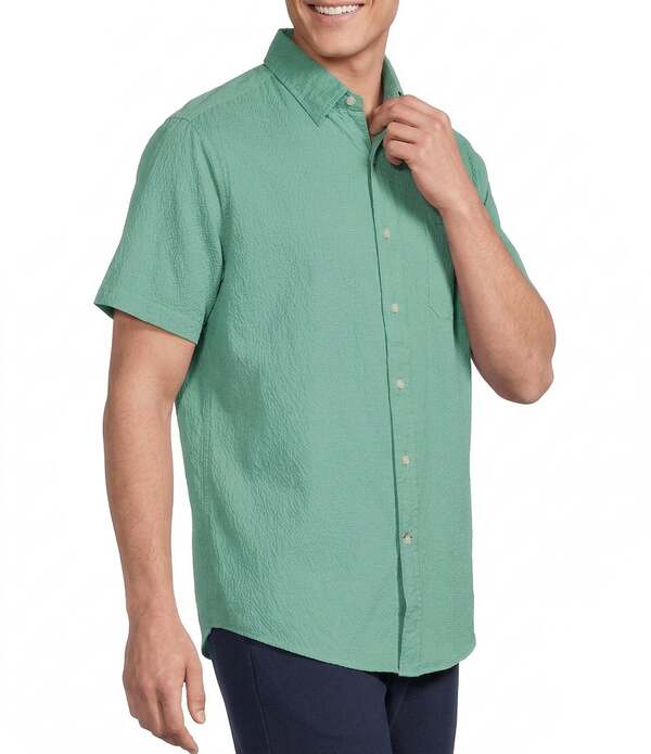 ダニエル クレミュ メンズ トップス プルオーバー Cremieux Blue Label Seersucker Solid Performance Short Sleeve Woven Shirt Malachite Green 緑であること カジュアルシャツ-メンズファッション