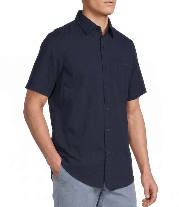 ダニエル クレミュ メンズ トップス プルオーバー Cremieux Blue Label Seersucker Solid Performance Short Sleeve Woven Shirt Peacoat 青色 カジュアルシャツ-メンズファッション-トップス