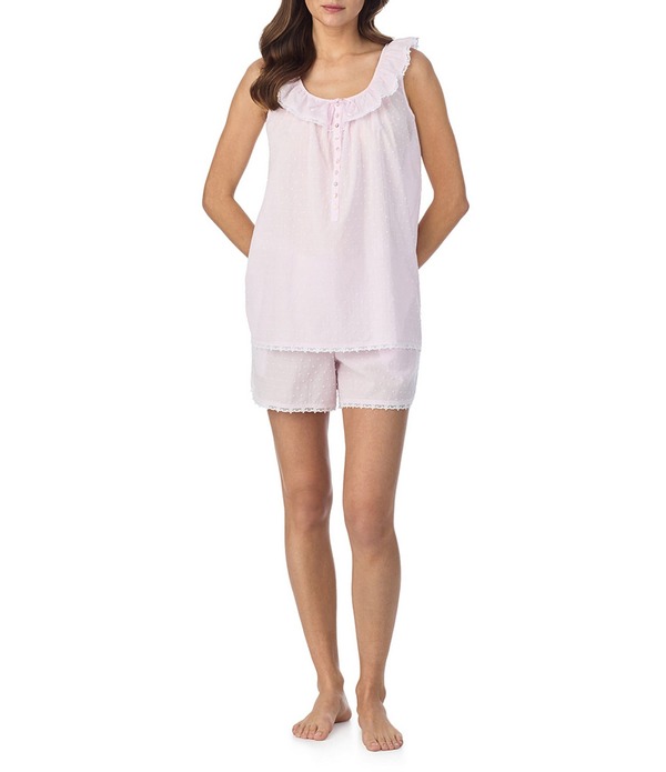 エイレーンウェスト レディース アンダー御召しもの ナイト爵御召しもの フラウンス ノースリーブ Eileen West Sleeveless Ruffled Round Neck Swiss Dot Shorty Pajama Set Blush 毛はらい