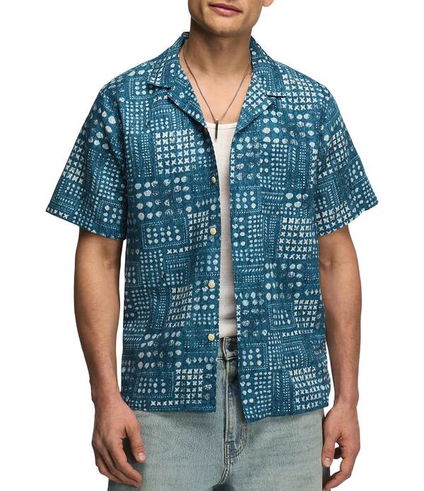 ラッキーブランド メンズ トップス シャツ プリント リネン Lucky Brand Short Sleeve Printed Linen Blend Camp Collar Shirt Blue Multi ブルー｜ReVida 店