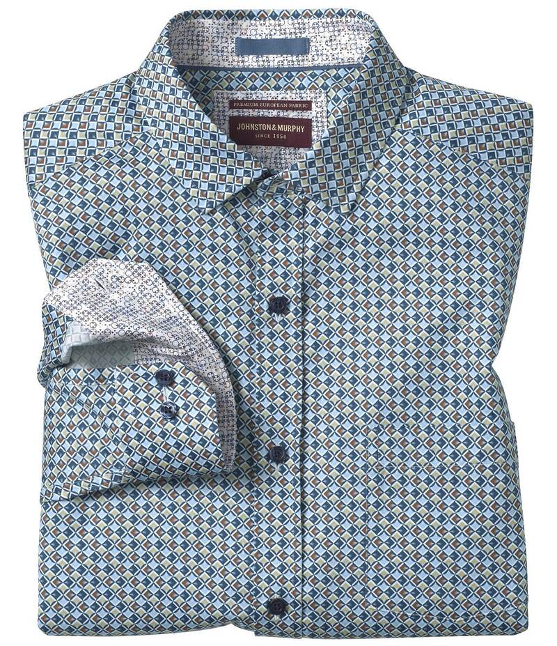 ジョンストンアンドマーフィー メンズ トップス シャツ プリント Johnston & Murphy Wavy Diamond Print Long Sleeve Woven Shirt Blue/Brown ブルー