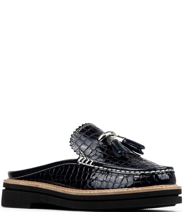 ドナルドプリネール レディース シューズ サンダル プリント レザー ローファー Donald Pliner Lyndall Croco Printed Patent Leather Tasseloafer Mules Navy ネイビー｜ReVida 店