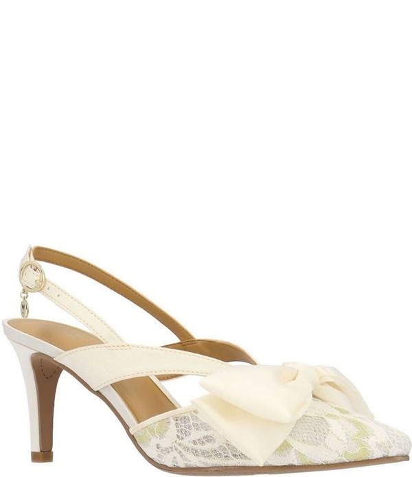 ジェイレニー レディース シューズ 踵 繻子 スピード競技 J. Renee Morigen Satin and Lace Bow Slingback Pumps Ivory/Gold 象牙色