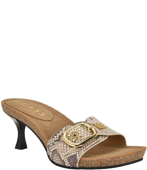 ゲス レディース シューズ サンダル 刷り上げる Guess Dexta Snake Print Buckled Slide Sandals Light Natural Snake コンフォートサンダル-靴