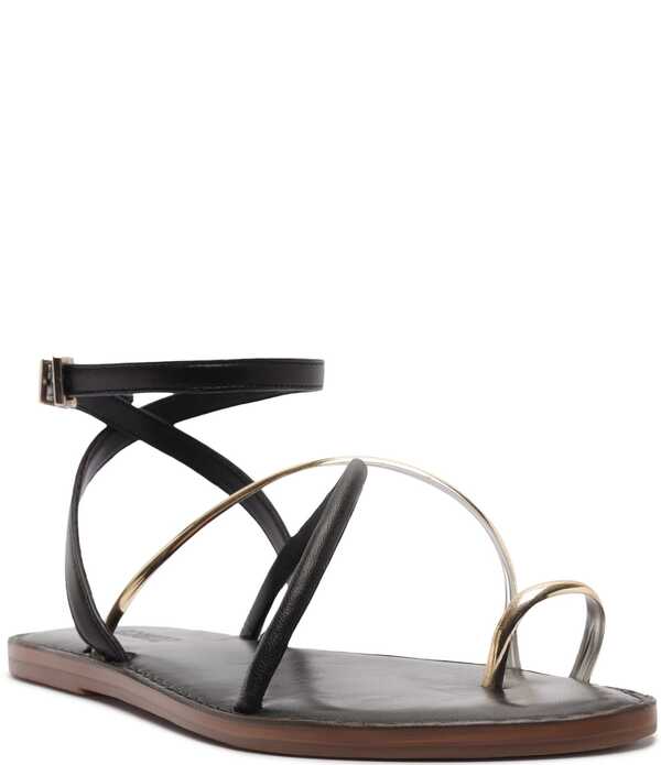 シュッツ レディース シューズ サンダル アンクル レザー Schutz Valeria Leather Ankle Strap Toe Ring Flat Sandals Black ブラック｜ReVida 店
