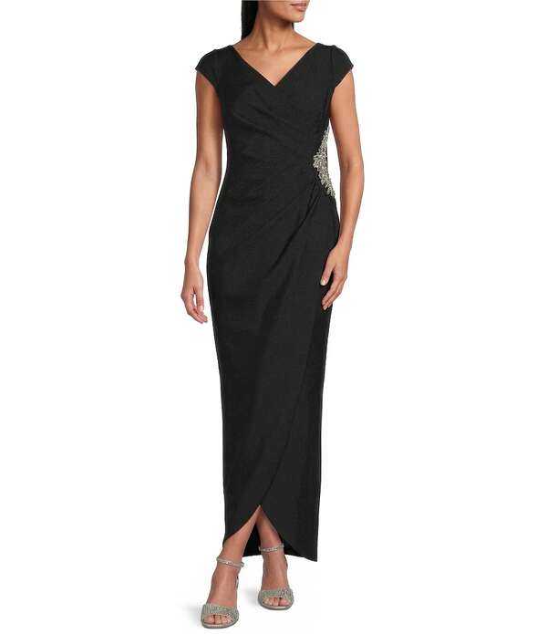 アレックスイブニングス レディース トップス ワンピース Vネック プチ オーバーレイ キャップ Alex Evenings Petite Size Contour Collection V-Neck Cap Sleeve Tulip Overlay Longown Black ブラック