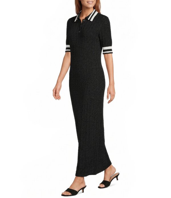 アントニオ メラーニ レディース トップス ワンピース Vネック リブ ミディ Antonio Melani Ribbed V-Neck Collar Short Sleeve Shift Midi Dress Black ブラック|ReVida 店