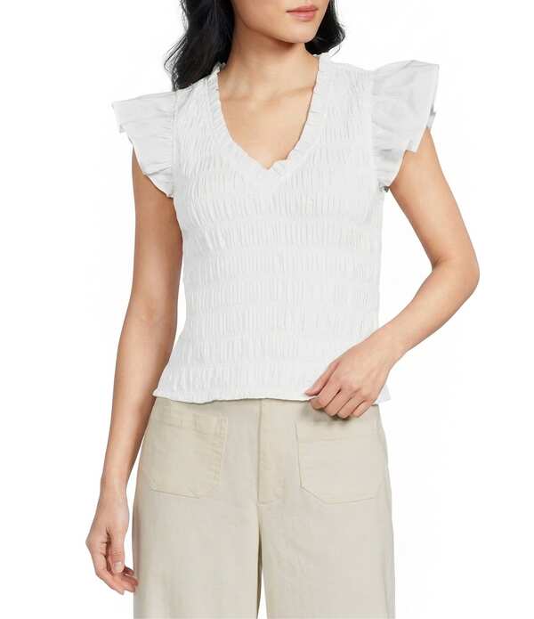シュガーリップス レディース トップス シャツ Vネック シャーリング キャップ Sugarlips Jennie Split V-Neck Cap Sleeve Smocked Top White ホワイト