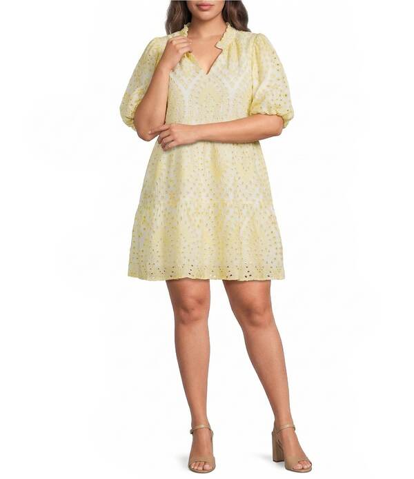 シュガーリップス レディース トップス ワンピース Vネック プラスサイズ ミニ Sugarlips Plusize Shayla Eyelet Jacey Split V-Neck Short Bubble Sleeve Baby Doll Mini Dress White/Yellow ホワイト｜ReVida 店 22,485円