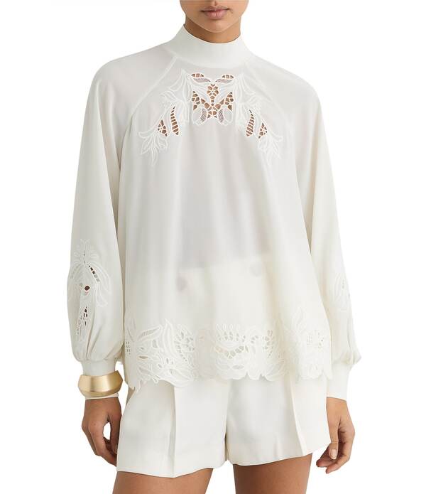 レイス レディース トップス シャツ モックネック 刺繍 Reiss Raembroidered Mock Neck Long Blouson Sleeve Top Cream クリーム
