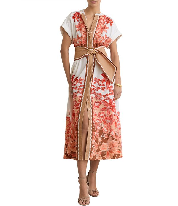 レイス レディース トップス 衣装 V素っ首 御花柄 刷り上げる midi 御花 Reissawyer Floral Print V-Neck Short Sleeve Belted Midi Dress Pink/Ivory 象牙色