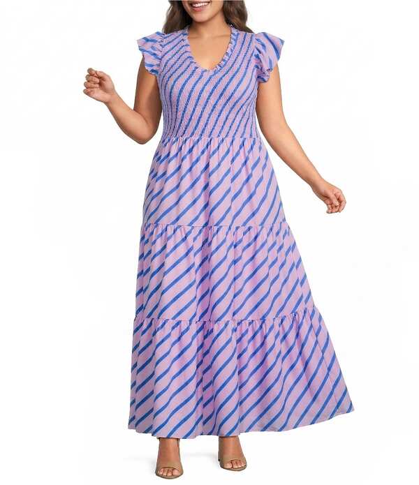 シュガーリップス レディース トップス ワンピース Vネック ティアード プラスサイズ プリント ミディ キャップ Sugarlips Plusize Sunfire Stripe Print V-Neck Cap Sleeve Tiered Midi Dress Lavender Multi ラベンダー|ReVida 店