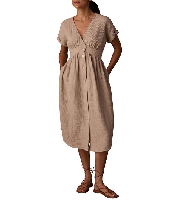 並大抵ブランド名 レディース トップス 衣装 Vのど首 midi 綿織物 The Normal Brand Kalo Cotton Double Gauze Deep V-Neck Dolman Sleeves Button Front Midi Dressandstone レディースファッション-ワンピース