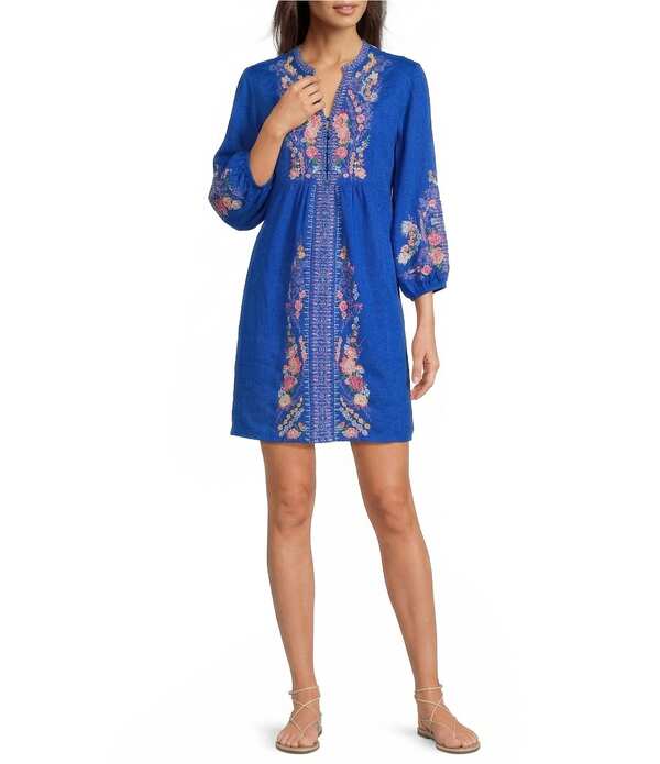 ジョニーワズ レディース トップス ワンピース Vネック 刺繍 JOHNNY WAS Embroidered Yoke Split V-Neck 3/4 Puff Sleeve Shift Dress Admiral Blue ブルー｜ReVida 店