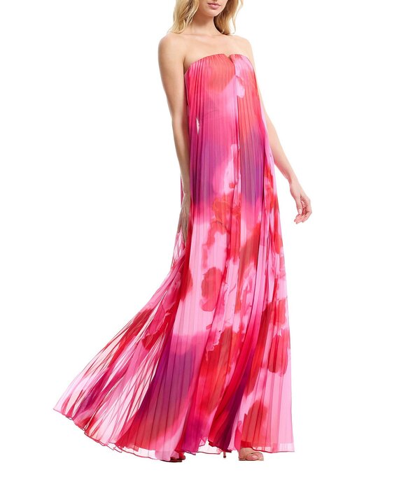 ドレスザポプレーション レディース トップス 衣装 シフォン 筋目 刷り上げる ストラップレス Dress the Population Kelston Strapless Pleated Printed Chiffon Shift Dress Blush Multi 毛はらい