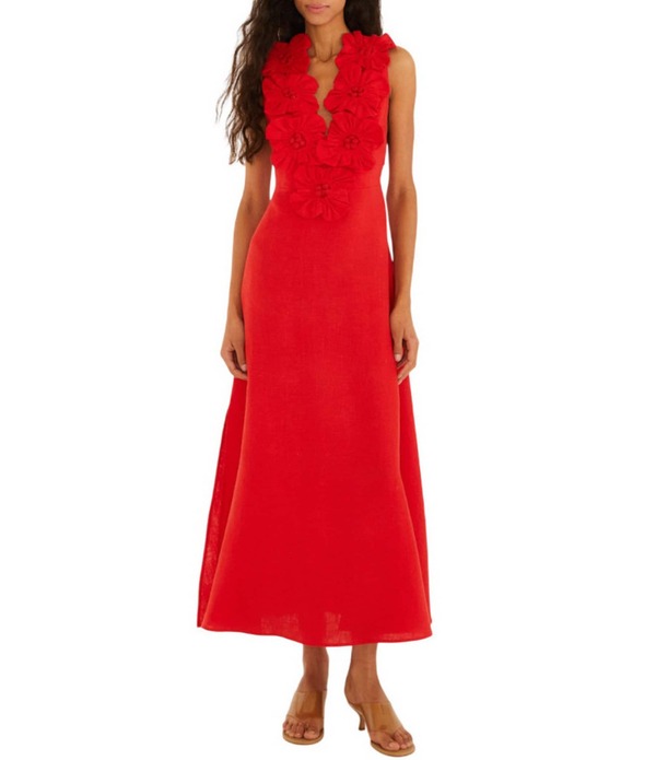 耕園 レディース トップス 衣装 Vのど首 MIDI ノースリーブ リネン Farm Rio Red V-Neck Sleeveless 3D Flower Linen Midi Dress Red 赤いこと