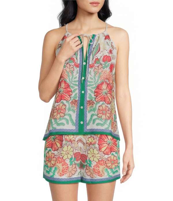スカイズアブルー レディース トップス シャツ フラワー柄 ノースリーブ フラワー ホルター Skies Are Blue Floral Border Halter Neck Sleeveless Button Front Coordinating Top Green Coral コーラル