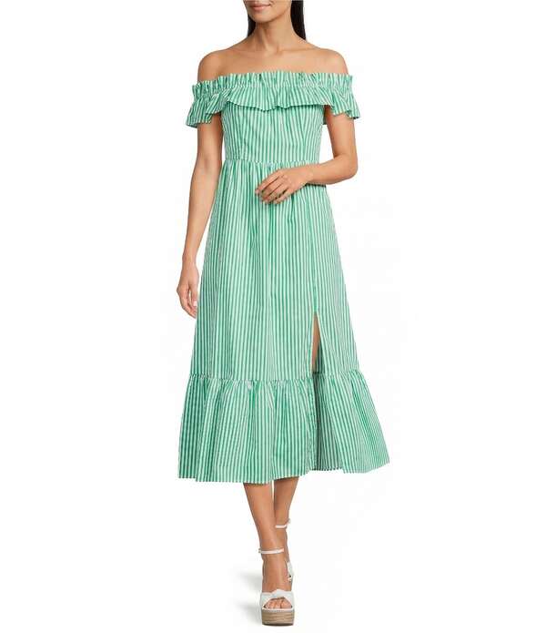 スカイズアブルー レディース トップス ワンピース A ライン プリント フリル ミディ Skies Are Blue Stripe Print Off-the-Shoulderuffle A-Line Midi Dress White/Green ホワイト｜ReVida 店