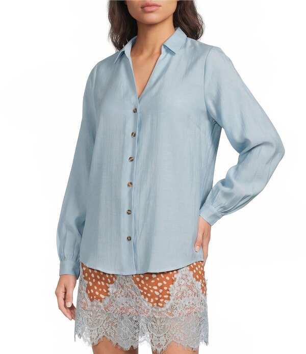 ネバーフリードレスド レディース トップス シャツ Never Fully Dressed Miley Collared Long Sleeve Button-Front Shirt Blue ブルー｜ReVida 店