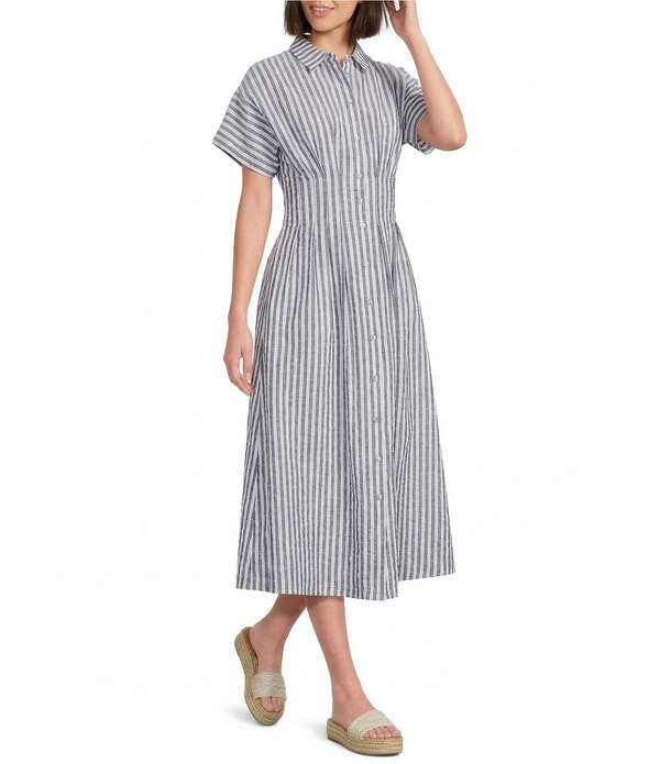 ギブソンアンドラティマー レディース トップス ワンピース プリーツ ギャザー ミディ シャツ コットン Gibson & Latimer Striped Cotton Collar Short Dolman Sleeve Button Front Ruched Pleated Waist Shirt Midi Dress Navy/White ホワイト｜ReVida 店