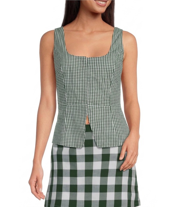 ルーシーパリ レディース アウター ベスト ギンガムチェック プリント ノースリーブ ギンガム Lucy Paris Ludlow Gingham Print Square Neck Sleeveless Coordinating Vestop Green グリーン
