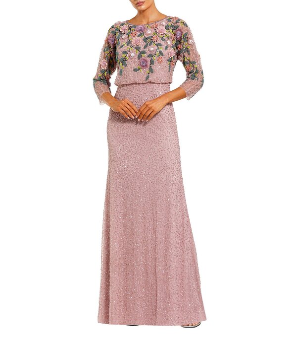 マックダガル レディース トップス ワンピース フラワー柄 メッシュ フラワー Mac Duggal Floral Beaded Mesh 3/4 Sleeve Boat Neck Gown Vintage Lilac Multi ライラック｜ReVida 店