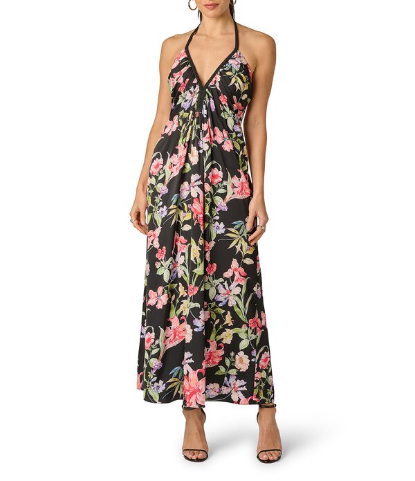 アドリアナ パペル レディース トップス ワンピース プリント サテン マキシ ホルター Adrianna Evening by Adrianna Papell Halter Printed Satin Maxi Dress With Gathers Black Multi ブラック
