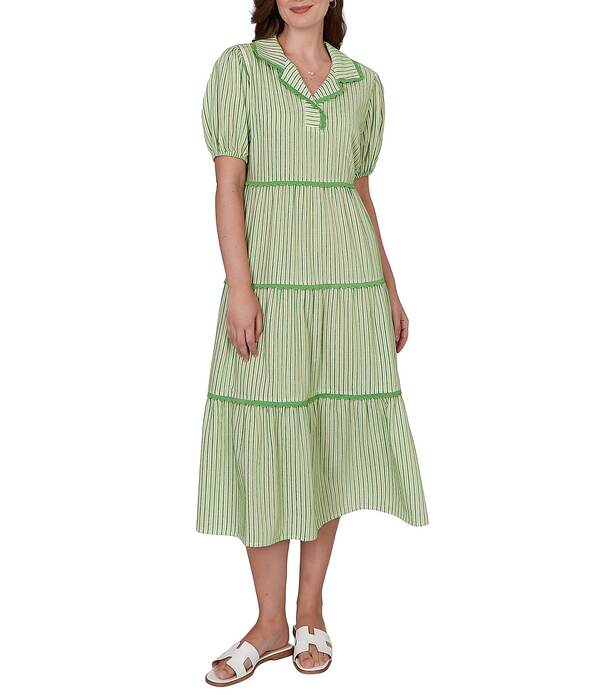 ルビーアールディー レディース トップス ワンピース ティアード プチ ミディ コントラスト Ruby Rd. Petite Size Yarn-Dyed Textured Stripe Contrastrim Tiered Midi Dresspringreen Multi グリーン