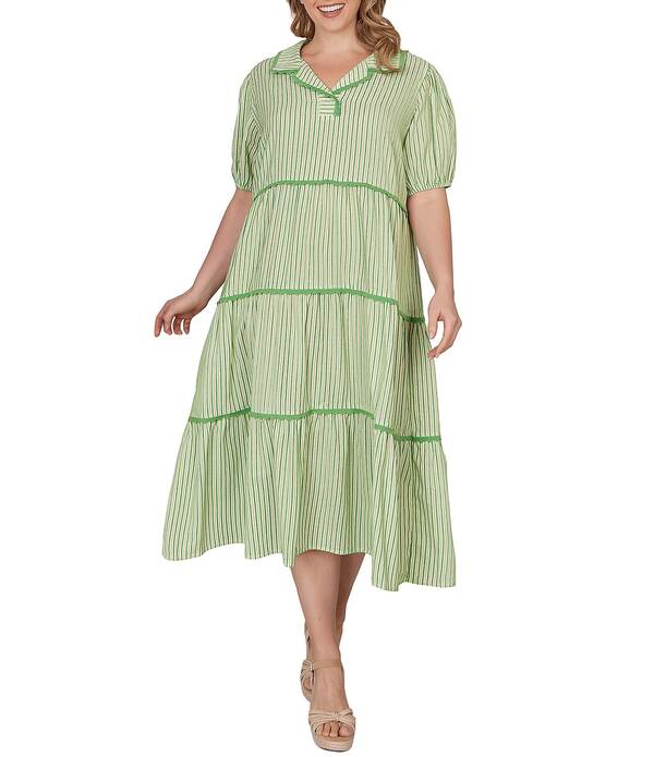 ルビーアールディー レディース トップス 衣装 ティアード つけ加える大きさ midi 対照 Ruby Rd. Plusize Yarn-Dyed Textured Stripe Contrastrim Tiered Midi Dresspringreen Multi 緑であること