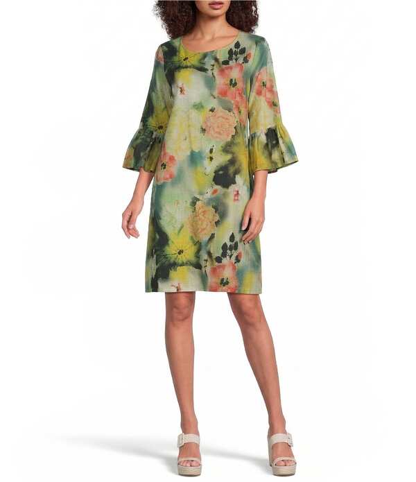 ブライン ウォーカー レディース トップス ワンピース プリント フリル Bryn Walker Phryne Giardino Print Round Neck 3/4 Ruffle Bell Sleeve Shift Dress Giardino|ReVida 店
