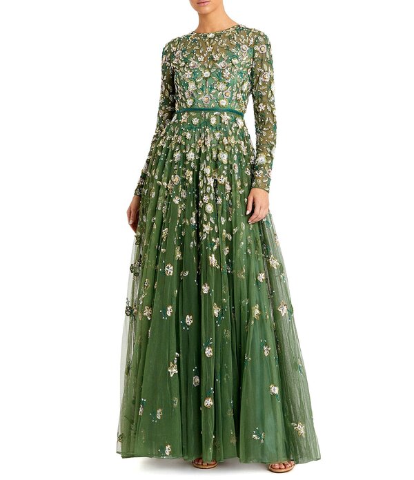 マックダガル レディース トップス ワンピース シフォン クルーネック フラワー柄 プチ プリーツ フラワー Mac Duggal Petite Floral Beaded Crew Neck Long Sleeve Pleated Chiffon Gown Sage セージ
