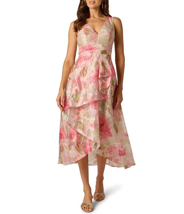 アドリアナ パペル レディース トップス ワンピース プチ ミディ Adrianna Papell Petite Size Cascade Organza Midi Dressage Multi セージ
