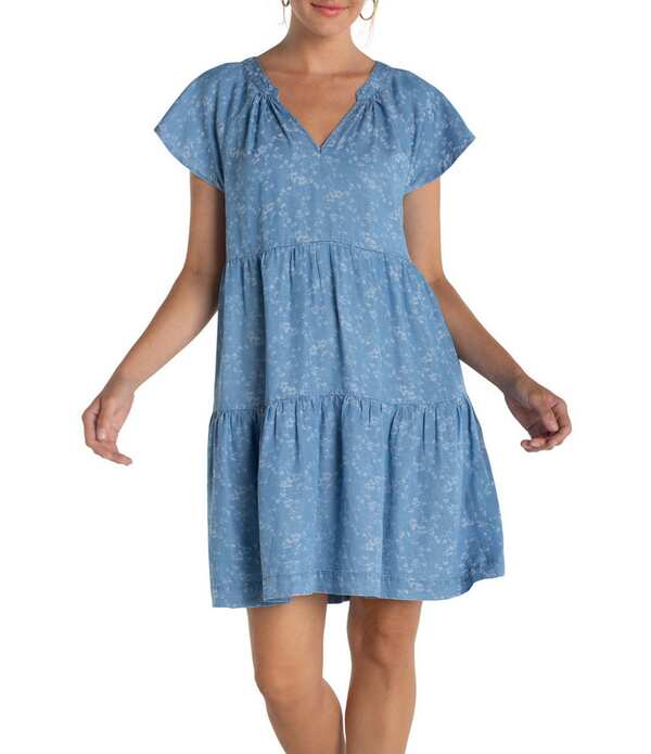 リヴァプール ロサンゼルス レディース トップス ワンピース Vネック プリント Liverpoolos Angeles Woven Jacquard Print V-Neck Short Sleeve Dress Indigo Rose インディゴ|ReVida 店