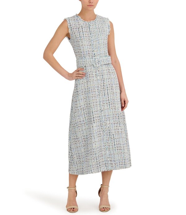 アンクライン レディース トップス ワンピース クルーネック ミディ ツイード ノースリーブ フリンジ Anne Klein Tweed Crew Neck Sleeveless Belted Fringed Seamed Midi Dressurf Blue ブルー