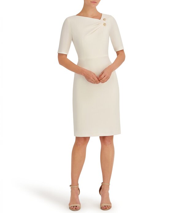 アンクライン レディース トップス 衣装 縮緬 非相称 Anne Klein Crepe Asymmetrical Neckline Bar Pin Short Sleeve Sheath Dress White Dove 白いこと ワンピース-レディースファッション