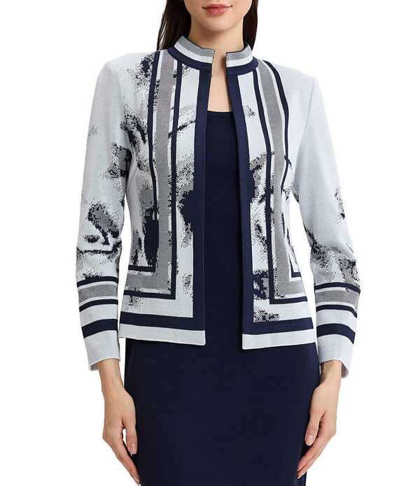 ミンウォン レディース アウター コート ニット ジャケット Ming Wang Two-Tone Knit Stand Collar Long Sleeve Jacket Indigo/White ホワイト|ReVida 店