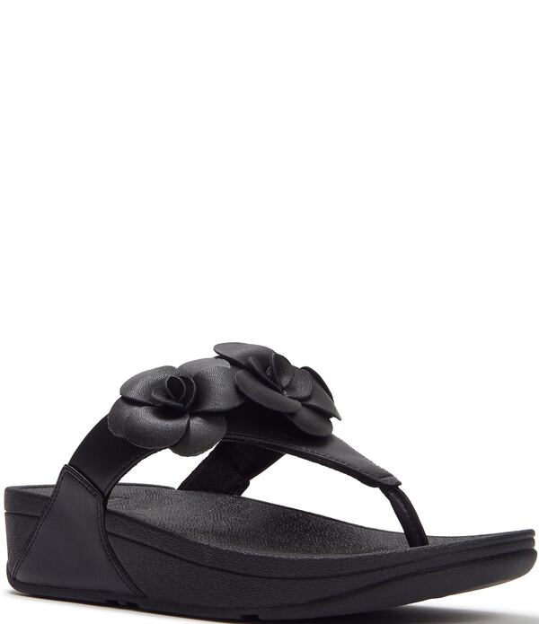 嵌まるフロップ レディース シューズ サンダル FitFlop Lulu Flower Toe-Post Wedge Slide Sandals Black 黒いこと 靴-レディース靴-サンダル