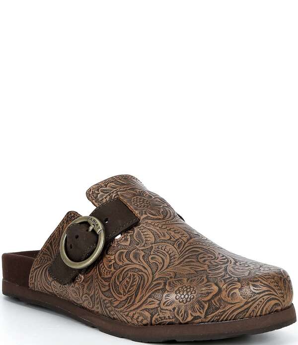 アリアト レディース シューズ パンプス 御花柄 なめし革 御花 Ariat Women\u0027s Country Embossed Floraleather Mule Clogs Brown 赤銅色