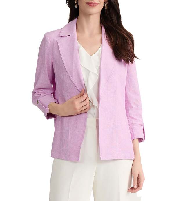 カスパール レディース アウター 厚地の外套 リネン 上衣 Kasper Openotch Collar 3/4 Sleeve Cross Dye Linen Jacket Cosmo Pink サクラ色